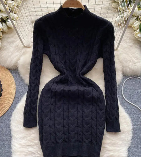French Black White Hollow Out Backless Knitted Mini Dress Women Autumn Gray New Office Long Sleeves Twisted Sweater Short Dress
