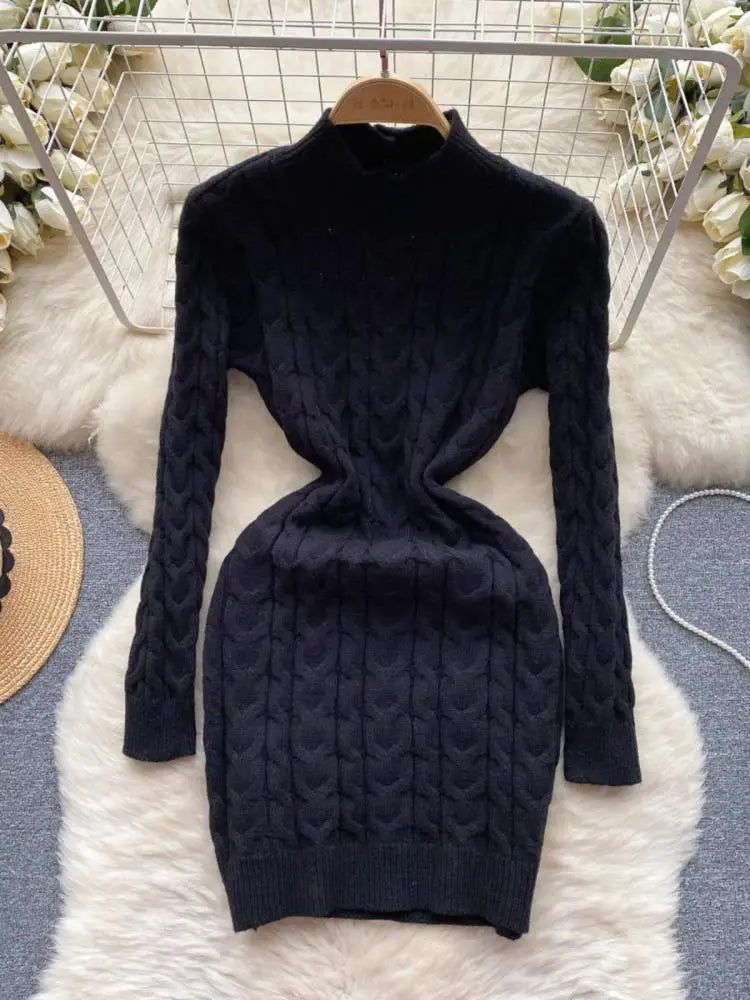 French Black White Hollow Out Backless Knitted Mini Dress Women Autumn Gray New Office Long Sleeves Twisted Sweater Short Dress