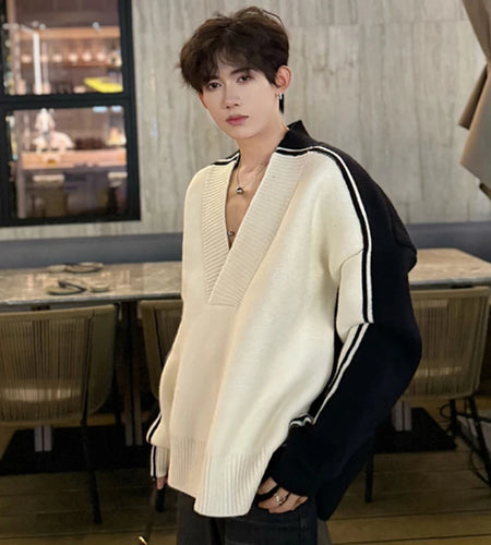 Korean Trendy Male Sweaters V-neck Casual Patchwork Contrast Color Men Knitted Loose Pullovers New Stylish 2024 9C4143