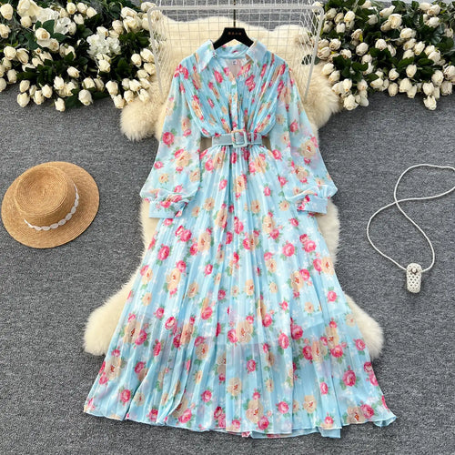 Load image into Gallery viewer, French Retro Romantic Women's Flower Lantern Long Sleeved Pleated Shirt Dress Autumn Print Birthday Party Evening Dress Bohemian
