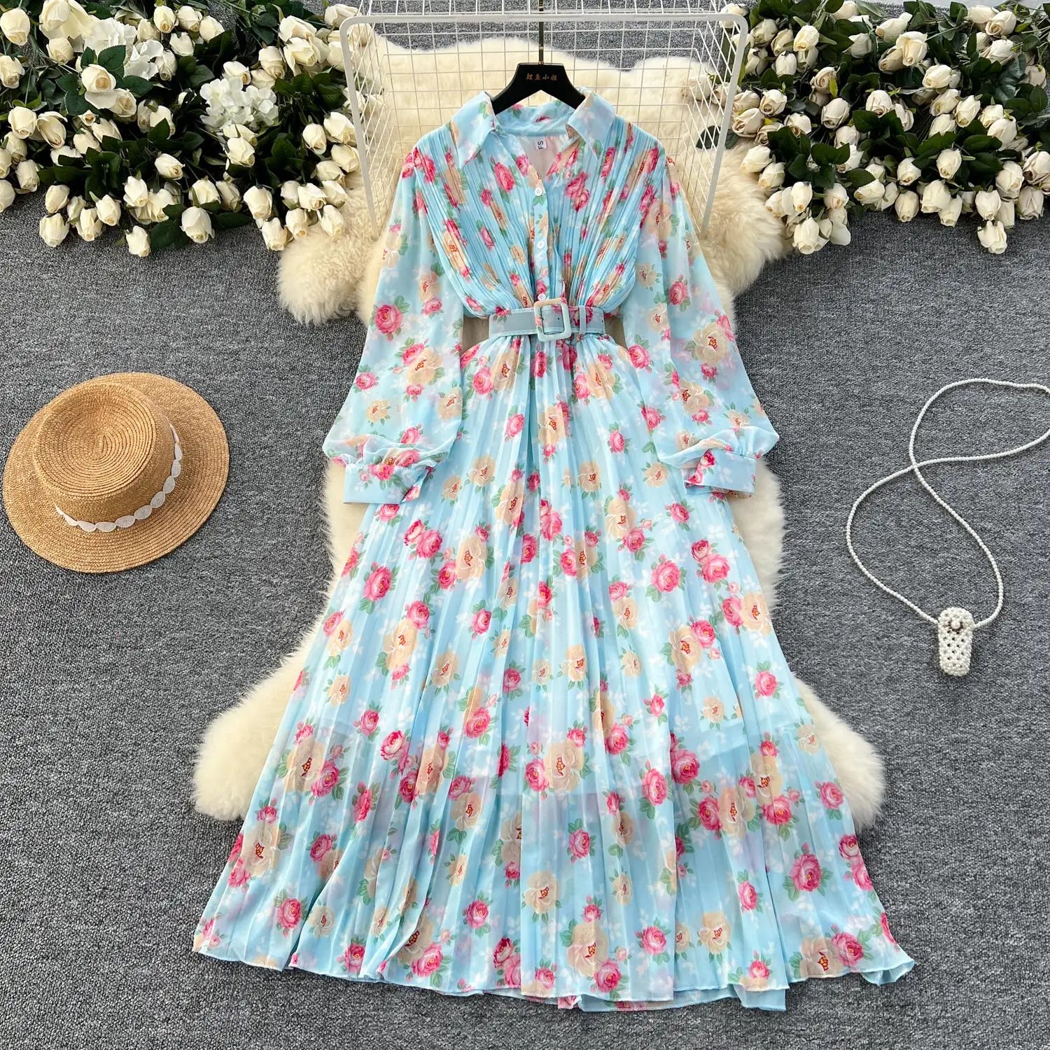 French Retro Romantic Women's Flower Lantern Long Sleeved Pleated Shirt Dress Autumn Print Birthday Party Evening Dress Bohemian