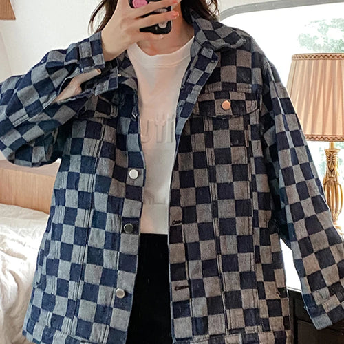 Load image into Gallery viewer, Autumn Black Denim Coat Women Korean New Chessboard Checker Casual Loose Retro Blue Jacket Top Woman High Street Chic
