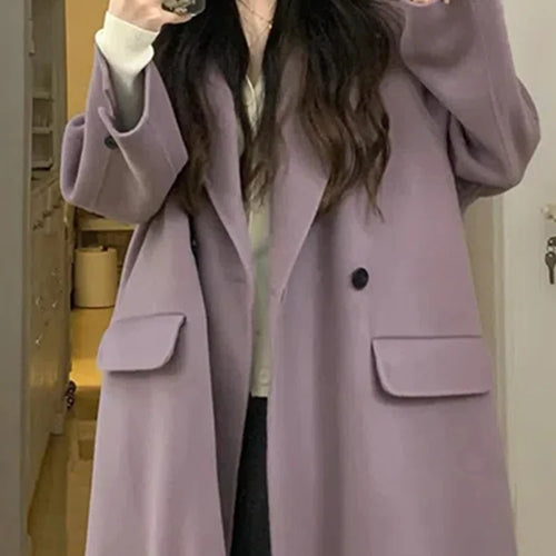 Load image into Gallery viewer, Purple Casual Long Woolen Coat Women Raglan Sleeve Winter Blends Coats Female Black Single Button Office Lady Outerwear
