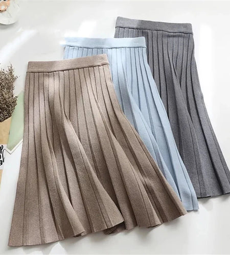 Women Knitted Midi Skirt Elegant Black A-Line High Waist Pleated Long Skirt Korean 2024 Spring Autumn Winter Faldas Femme Jupes