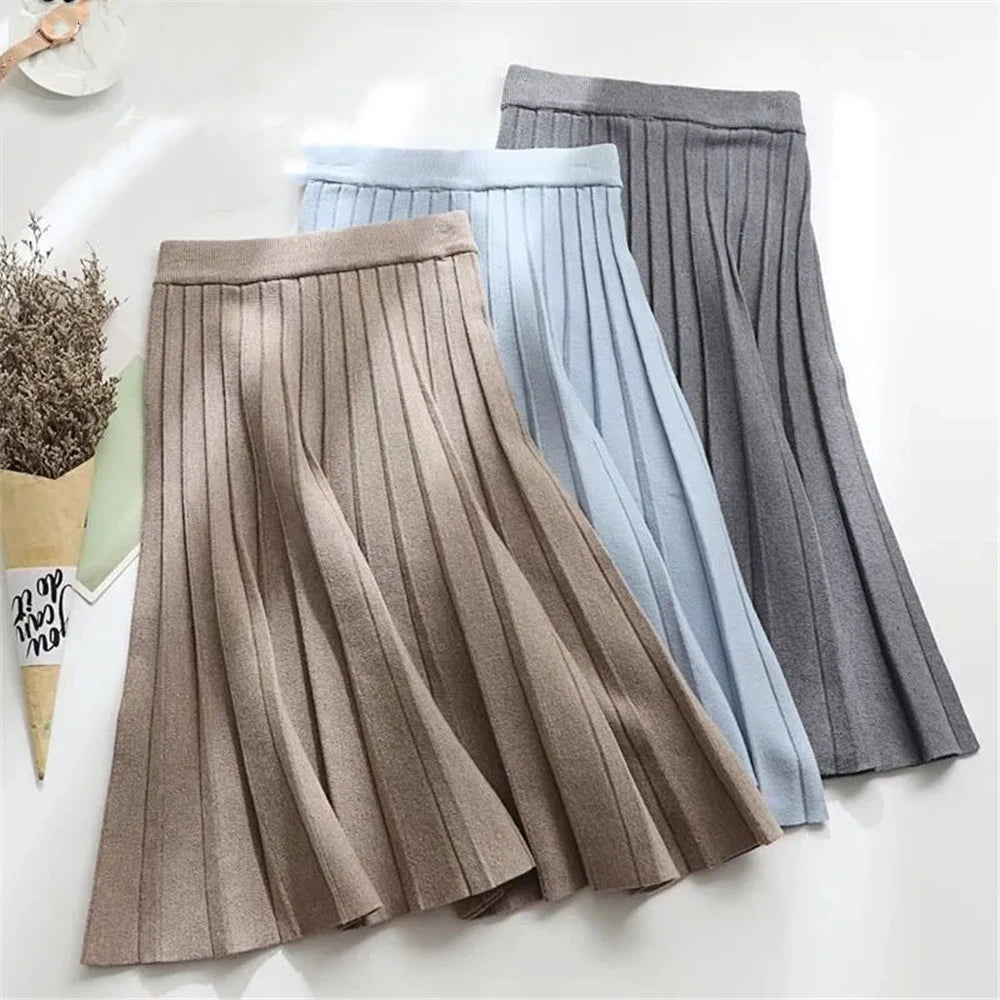 Women Knitted Midi Skirt Elegant Black A-Line High Waist Pleated Long Skirt Korean 2024 Spring Autumn Winter Faldas Femme Jupes