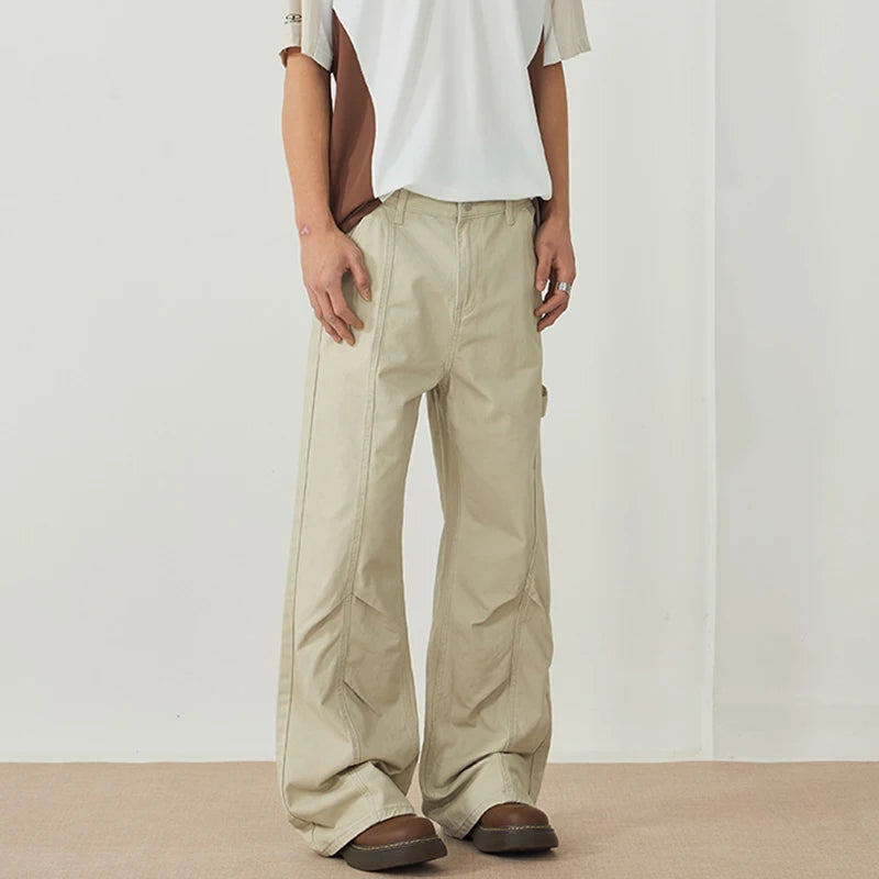 Men's Cargo Pants New American Style Folding Design Silhouette Micro Flared Niche Trendy Soldi Color Male Bottoms 9W1897