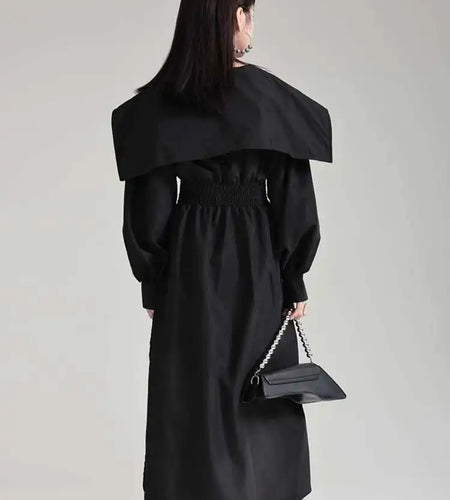 Women Black Irregular Shirt Dress New Lapel Lartern Long Sleeve Belt Waist Loose Fashion Tide Spring Autumn 2025 1DH2257
