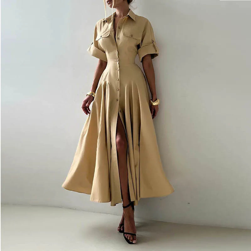 Summer Autumn khaki Shirts Maxi Dresses for Woman 2025 New Lapel Neck Buttoned Elegant Vintage A-line Long Dress Women