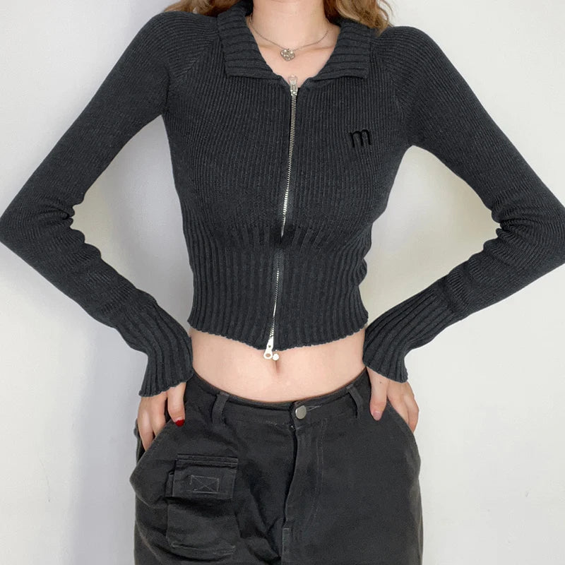 Casual Dark Gray Skinny Knitted Cardigan Female Crop Knit Sweater Autumn Winter Basic Zip Up Jacket Knitwears Outfits