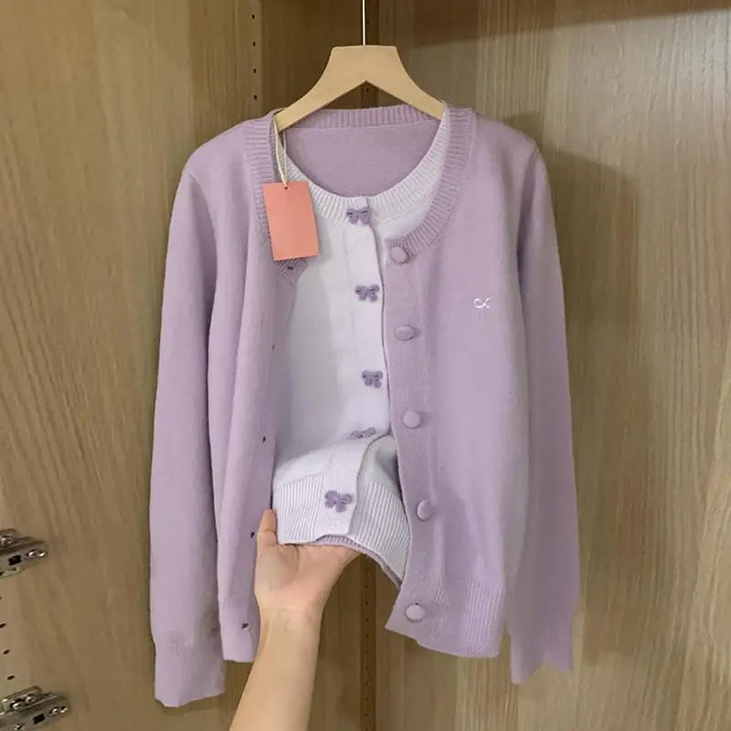 French Vintage Purple Patchwork Bow Single Breasted Cardigan Sweater Women Autumn Winter Round Neck Long Sleeve Knitwear Tops