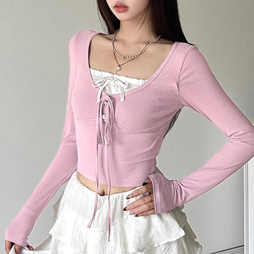 Load image into Gallery viewer, Korean Pink Sweet Patched Women&#39;s T-shirts Fall Tie-Up Girls Cutecore Coquette Clothes Tee Shirts Short Tops Contrast
