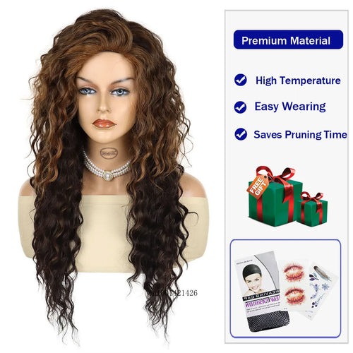 Load image into Gallery viewer, Long Wavy Haircuts Synthetic Hair Curly Wig Mix Brown with Highlights Fluffy Style Thick Wig with Free Part Bangs Halloween Cos
