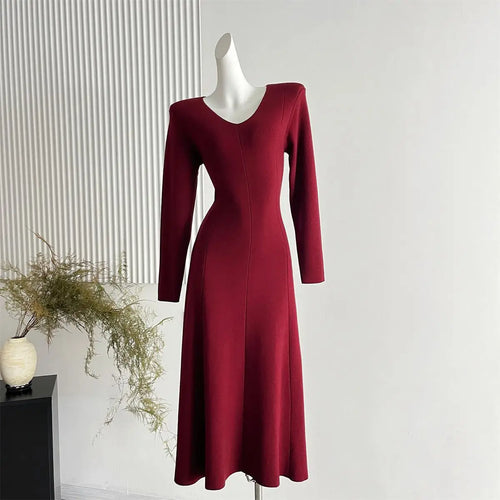 Load image into Gallery viewer, French Women's Autumn Winter Elegant Slim Knitted Sweater Dress Solid V-neck Long Sleeved Office Dress Fashion Simplicity Trendy
