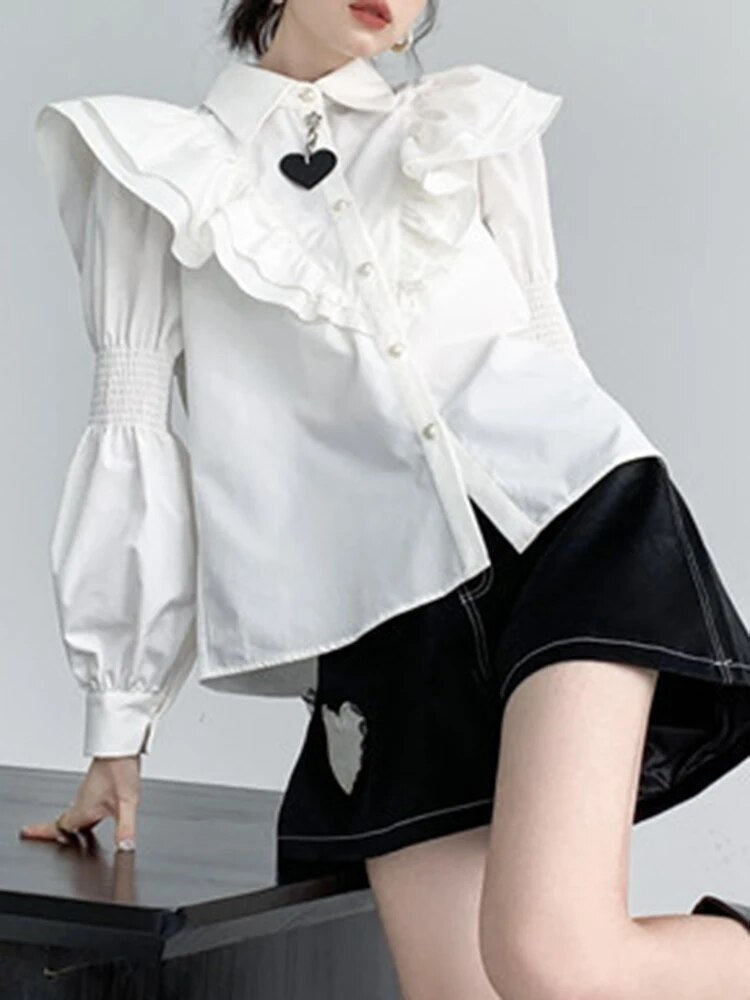 Solid Patchwork Ruffles Elegant Shirts For Women Lapel Puff Sleeve Splcied Single Breasted Casual Slim Shirt Female