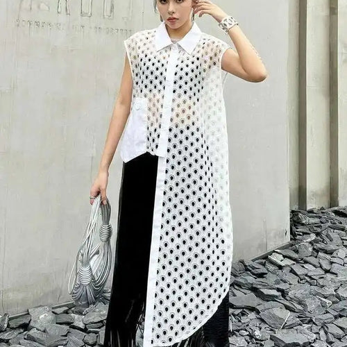 Load image into Gallery viewer, Women White Mesh Irreuglar Perspective Big Size Blouse New Lapel Sleeveless Shirt Fashion Tide Spring Summer 2025 1DH5527
