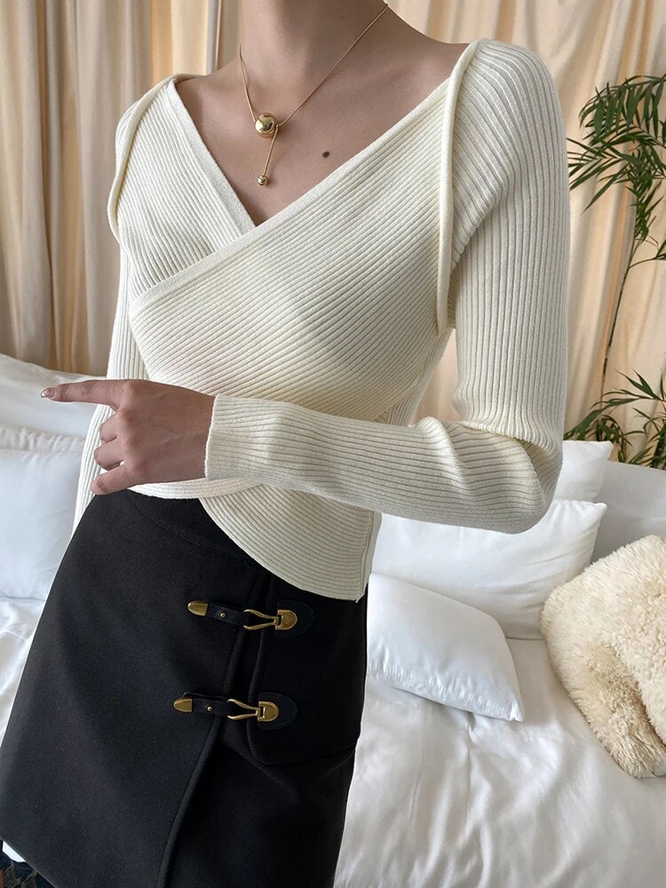 Knitting Solid Sweater For Women V Neck Long Sleeve Pullover Casual Slim Temperament Sweater Female Fashion Clothes
