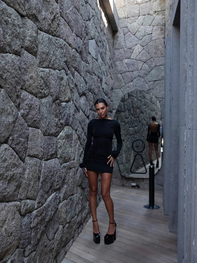 Autumn 2023 Long Sleeve Tight Dress For Women Sexy Backless Bodycon Mini Dress Fold Female Party Club  Evening Dress