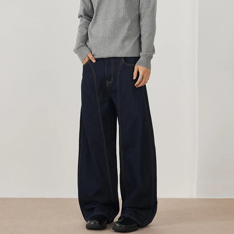 Men's Jeans New  American Style Straight Wide Leg Curved Jeans Solid Color Line Design Fashion Male Casual Trousers 9W1896