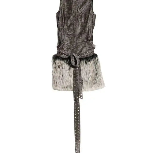 Load image into Gallery viewer, Women Gray Fur Spliced Bandage Elegant Mini Dress New Turtleneck Sleeveless Fashion Tide Spring Autumn 2025 1DH9342
