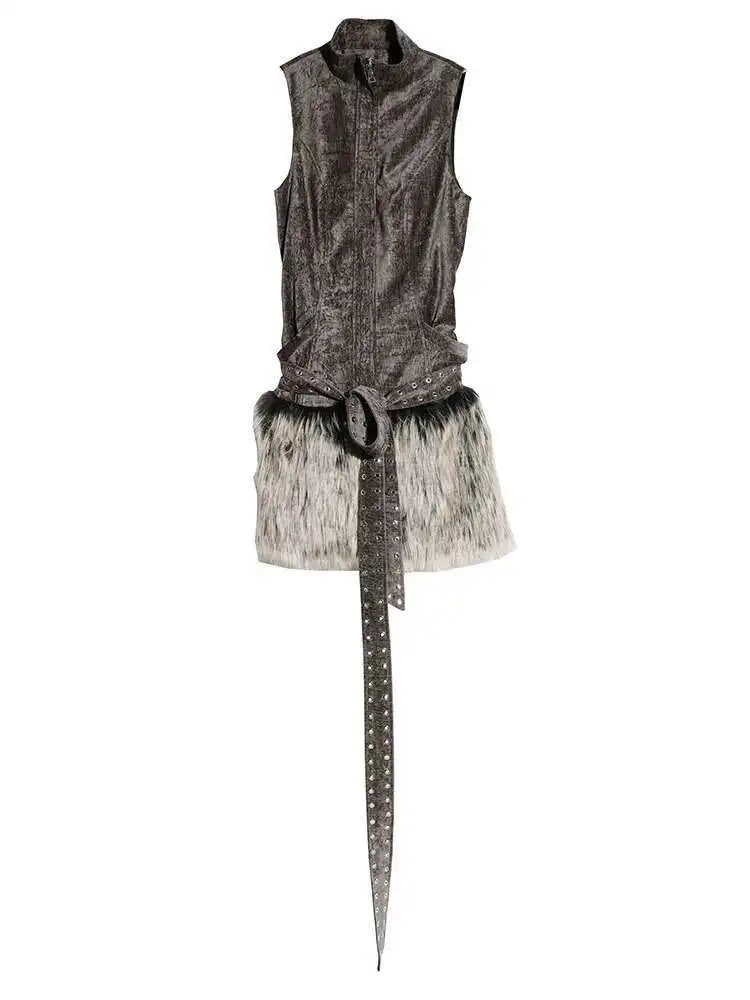 Women Gray Fur Spliced Bandage Elegant Mini Dress New Turtleneck Sleeveless Fashion Tide Spring Autumn 2025 1DH9342