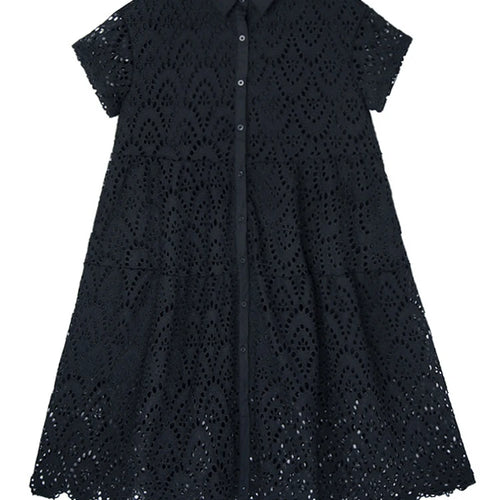 Load image into Gallery viewer, Women Black Lace Hollow Out Big Size Midi Shirt Dress New Lapel Short Sleeve Fashion Tide Spring Summer 2025 1DJ1166
