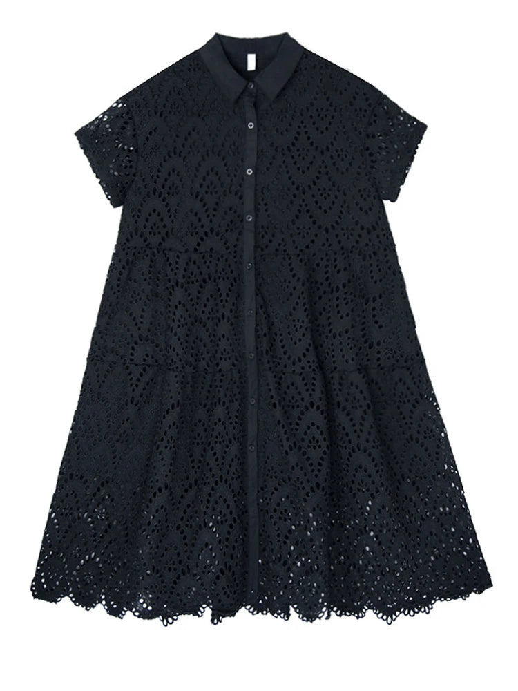 Women Black Lace Hollow Out Big Size Midi Shirt Dress New Lapel Short Sleeve Fashion Tide Spring Summer 2025 1DJ1166