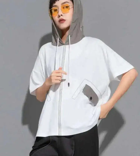 Women Black Pockets Drawstring Big Size T-shirt New Loose Fit Hooded Short Sleeve Fashion Tide Spring Summer 2025 1DF4701