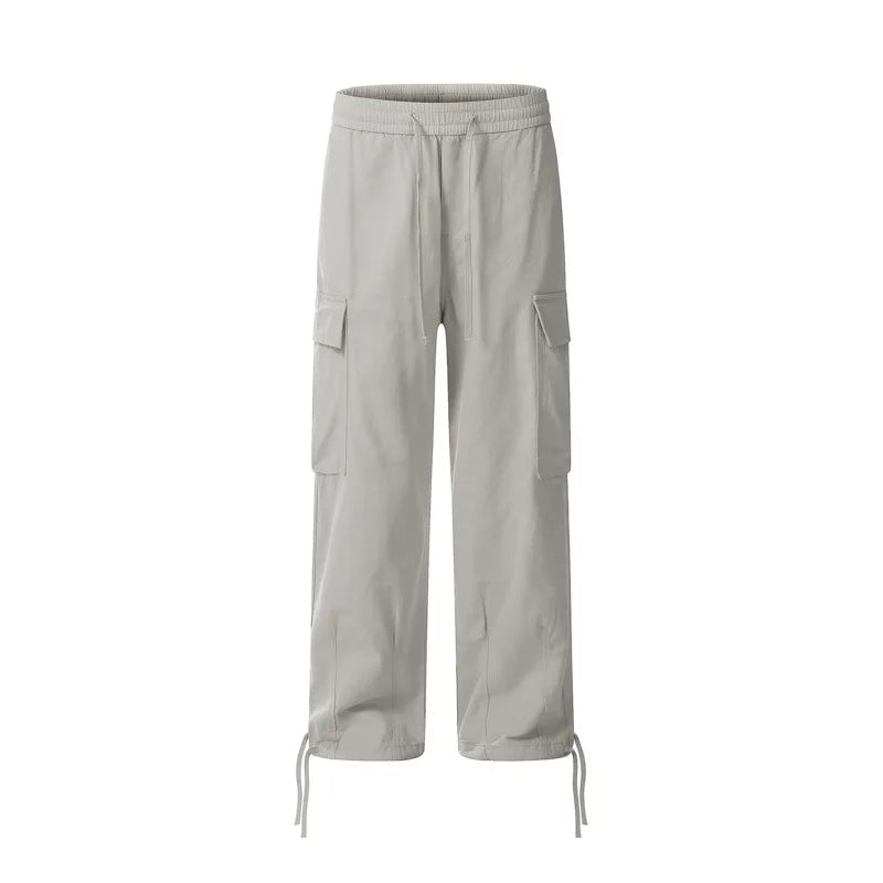Solid Color Multi Pocket Men's Pants Casual Straight Drawstring Trendy Elastic Waist Wide Leg Simple Male Trousers 9W101