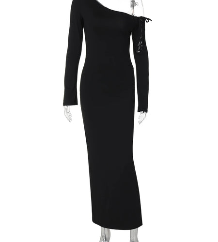 Elegant Solid Long Sleeve Hollow Out Bandage Irregular Slit Sexy Maxi Dress Winter Women Clothes Birthday Evening Party