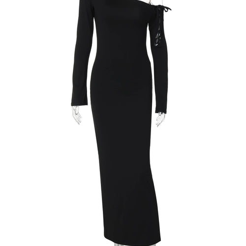 Load image into Gallery viewer, Elegant Solid Long Sleeve Hollow Out Bandage Irregular Slit Sexy Maxi Dress Winter Women Clothes Birthday Evening Party
