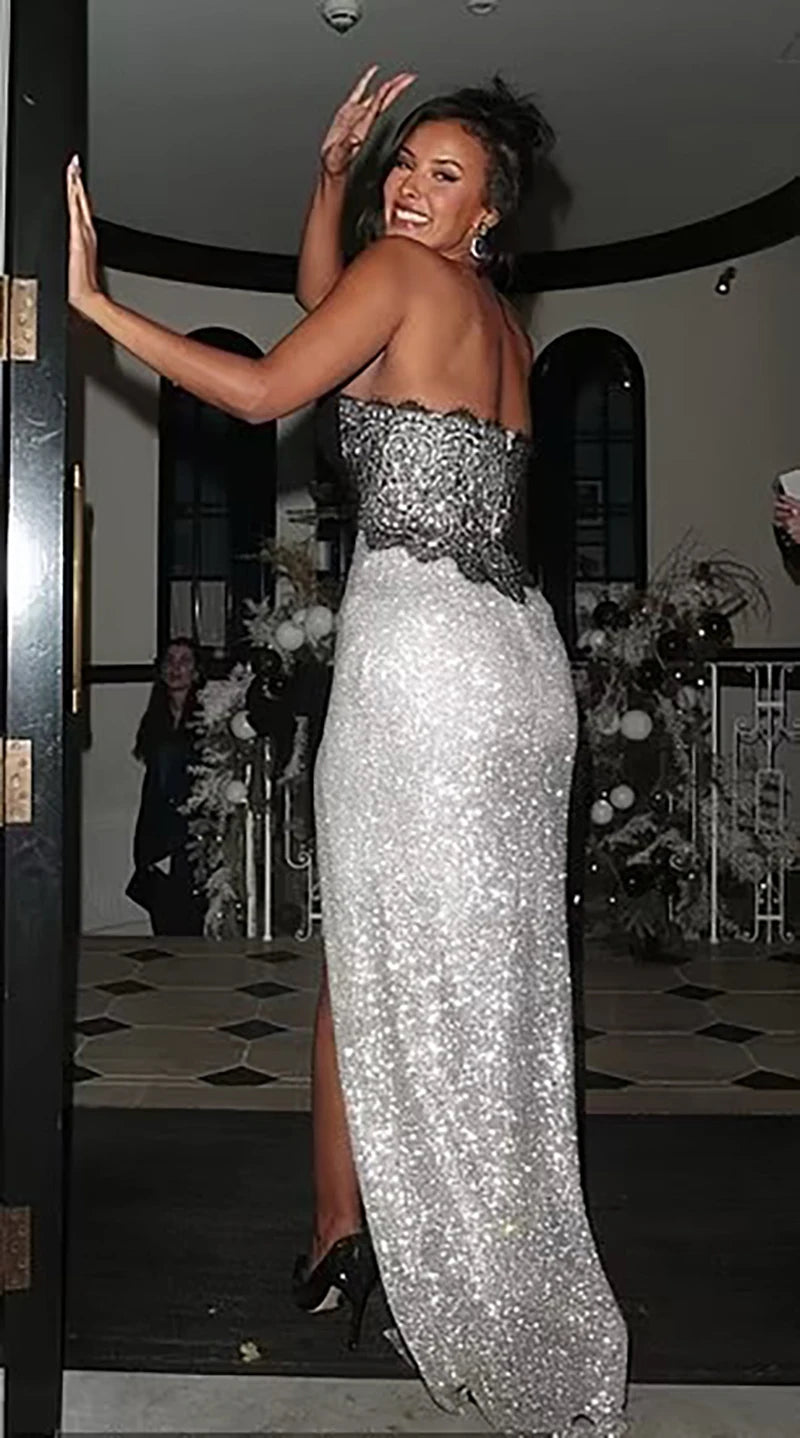 Sleeveless Sexy Sequins Strapless Thigh Slit Maxi Dress For Women High Waist Off-shoulder Sexy Club Party Evening Dress