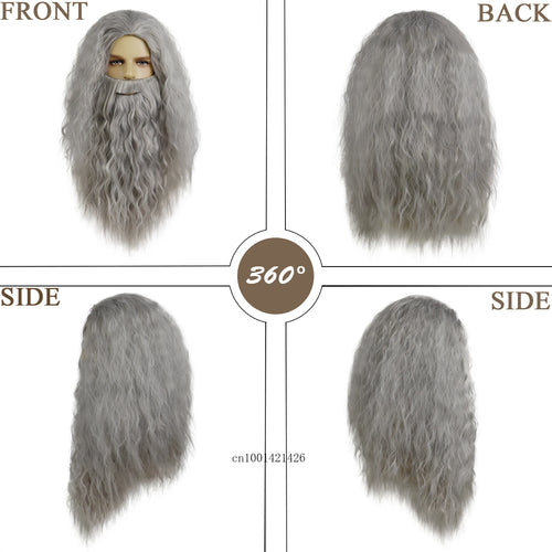 Load image into Gallery viewer, Mustache Wig Cosplay Synthetic Hair Halloween School Gandalf Wizard Dumbledore Costume Wig Man Albus Long Wave Grey Beard Wigs
