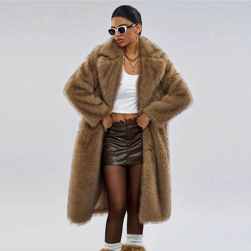 Load image into Gallery viewer, Solid Loose Fur Long Coat for Women Lapel Long Sleeve Temperament Elegant Coats Female Fashion Style Fashion
