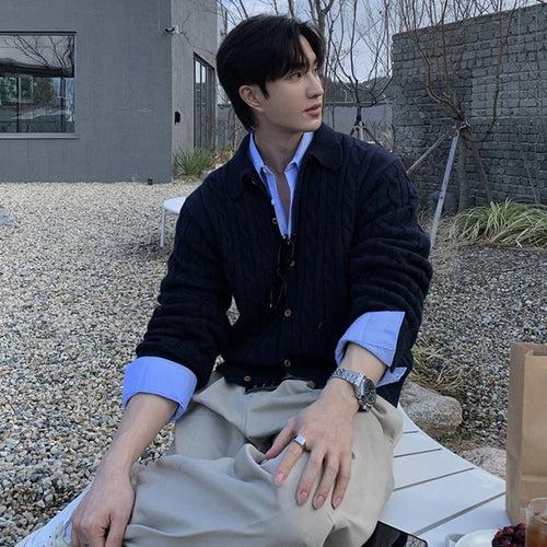 Load image into Gallery viewer, Solid Color Men's Sweaters Lapel Knitting Korean Style Single Breasted Twisted Casual Male Cardigan Spring Menswear 9W1231
