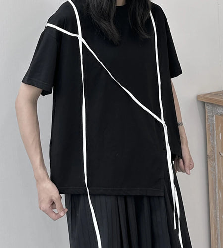 Women White Ribbon Color-block Big Size Casual T-shirt New Round Neck Short Sleeve Fashion Tide Spring Summer 2025 1DJ1675