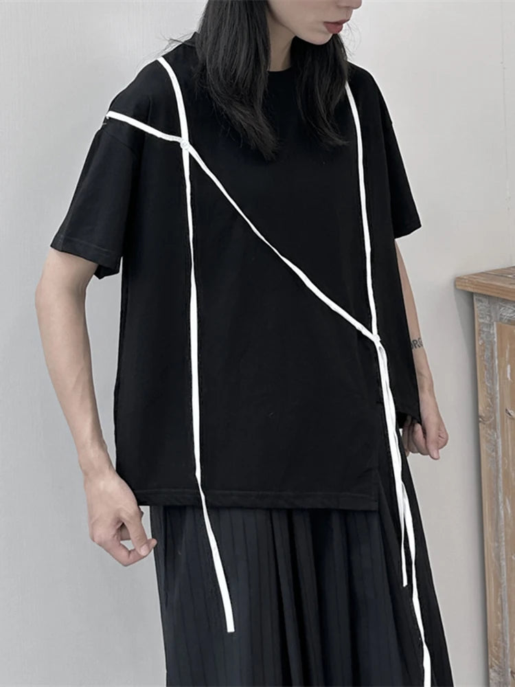 Women White Ribbon Color-block Big Size Casual T-shirt New Round Neck Short Sleeve Fashion Tide Spring Summer 2025 1DJ1675