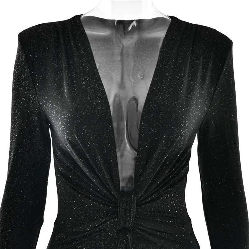 Glitter Deep V Neck Sexy Maxi Dress For Women Elegant Sparkle Long Sleeve Ruched Bodycon Split Club Party Sexy Dress