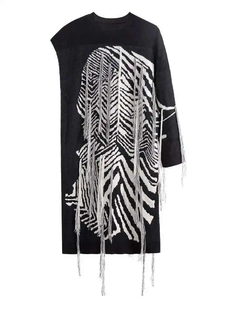 Women  Knitting Striped Tassels Big Size Dress New Round Neck Long Sleeve Loose Fit Fashion Tide Spring Autumn 2025 SG592
