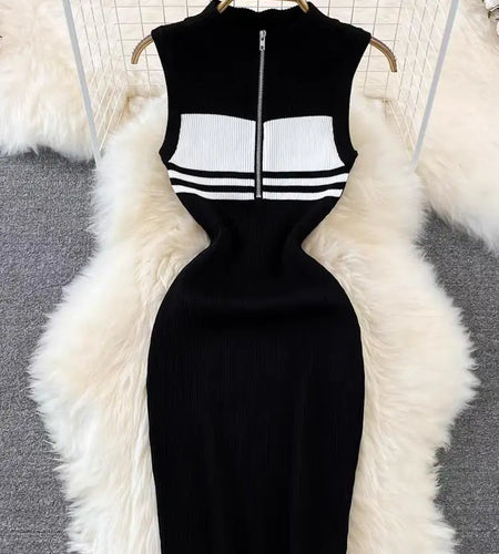 Sexy Women's Black White Stripes Patchwork Zippers Knitted Vest Dress 2024 Spring Summer Office Sleeveless Slim Party Midi Dress