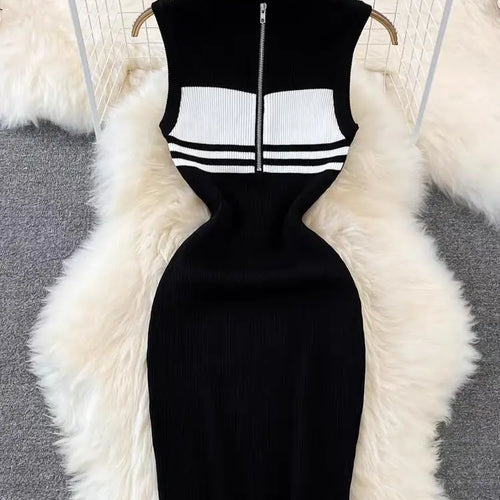 Load image into Gallery viewer, Sexy Women's Black White Stripes Patchwork Zippers Knitted Vest Dress 2024 Spring Summer Office Sleeveless Slim Party Midi Dress
