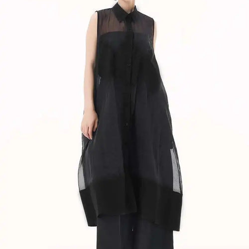 Load image into Gallery viewer, Women Black Mesh Perspective Big Size Long Shirt Dress New Lapel Sleeveless Fashion Tide Spring Summer 2025 1DH9517
