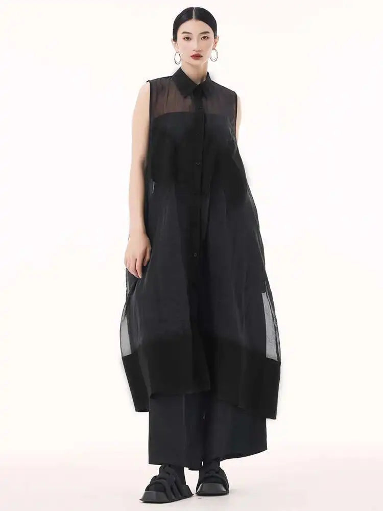 Women Black Mesh Perspective Big Size Long Shirt Dress New Lapel Sleeveless Fashion Tide Spring Summer 2025 1DH9517
