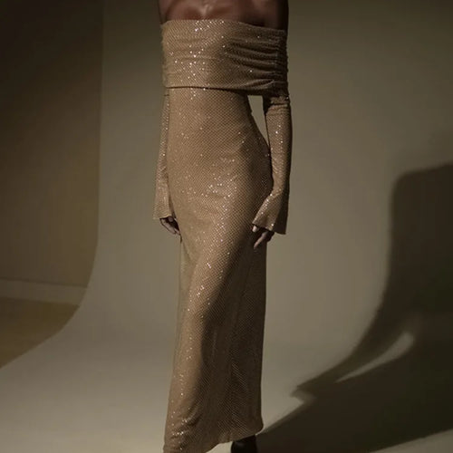 Load image into Gallery viewer, Elegant Strapless Sparkle Maxi Dress For Women Fashion Off-shoulder Backless Long Flare Sleeve Bodycon Club Party Dress
