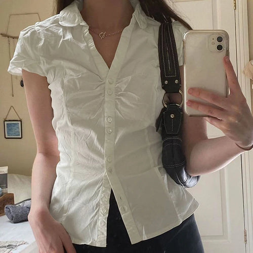 Load image into Gallery viewer, Y2K Chic White Summer Blouse Women Folds Solid Slim Tie-Up Cropped Top French Korean Shirts Cardigan Short Sleeve New
