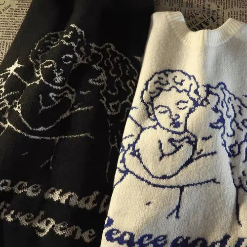 Load image into Gallery viewer, Japanese Women Men Sweater Angel Jacquard Loose Casual Retro All Match Pullover Harajuku Couples  Korean Fashion
