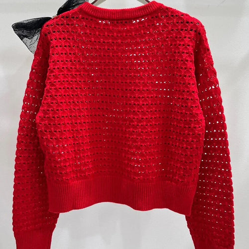 Load image into Gallery viewer, Solid Casual Knitting Sweaters For Women Round Neck Long Sleeves Patchwork Bow Elegant Temperament Sweater Female
