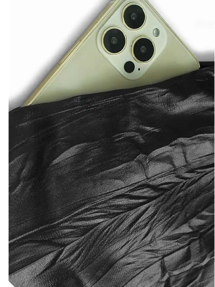 Women Black Pu Leather Pleated Big Size Mini Shirt Dress New Lapel Long Sleeve Fashion Tide Spring Autumn 2025 1DH7337