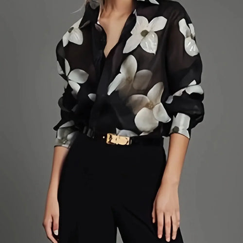 Load image into Gallery viewer, Spring Summer Long Sleeves Loose Floral Printed Lapel Blouses 2024 New Casual Button Office Shirts For Urban Lady
