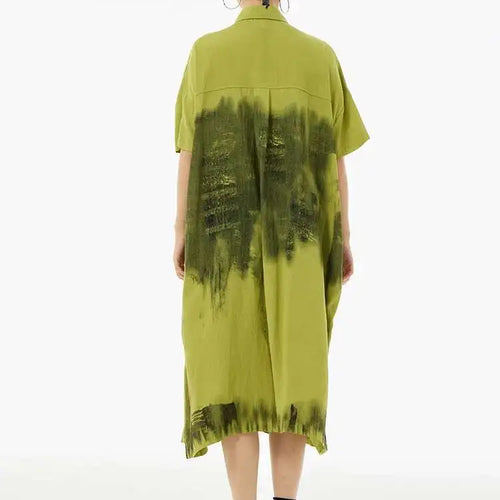 Load image into Gallery viewer, Women Green Pattern Printed Belted Big Size Shirt Dress New Lapel Short Sleeve Fashion Tide Spring Summer 2025  1DH5759
