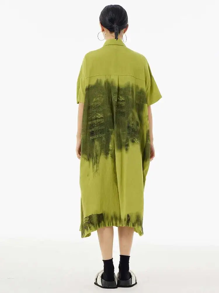 Women Green Pattern Printed Belted Big Size Shirt Dress New Lapel Short Sleeve Fashion Tide Spring Summer 2025  1DH5759